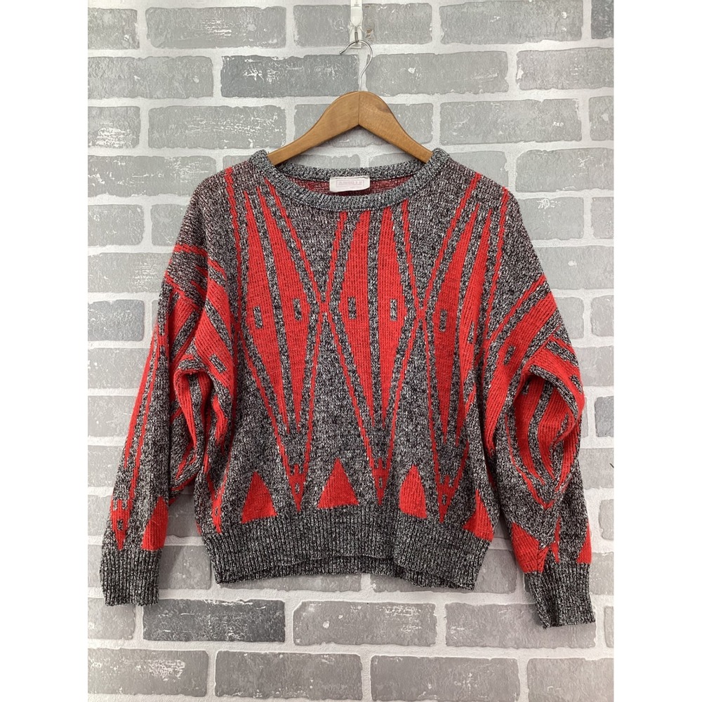 Arielle New York Vintage Red Grey Geometric Knit Sweater Made in USA Crew Neck